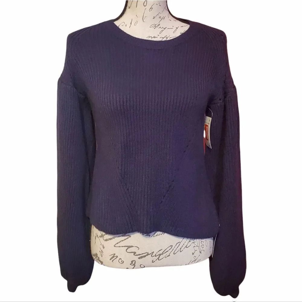 Maisie Peter Ladies Sz Small Navy Bishop Sleeve Ribbed Crew Neck Pullover Sweate